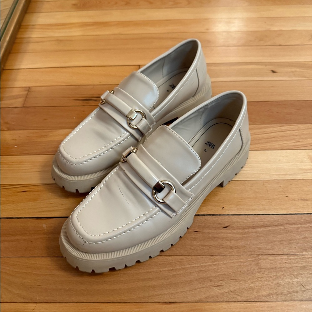 Zara Cream Lug Sole Loafers with Buckle Detail